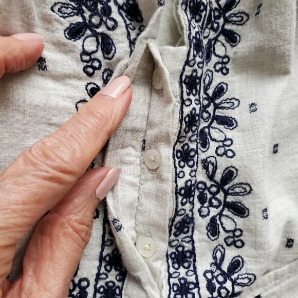 ZARA Boho Embroidered Peasant Top Unbleached Cotton with Navy Blue Stitching XL - Picture 7 of 16